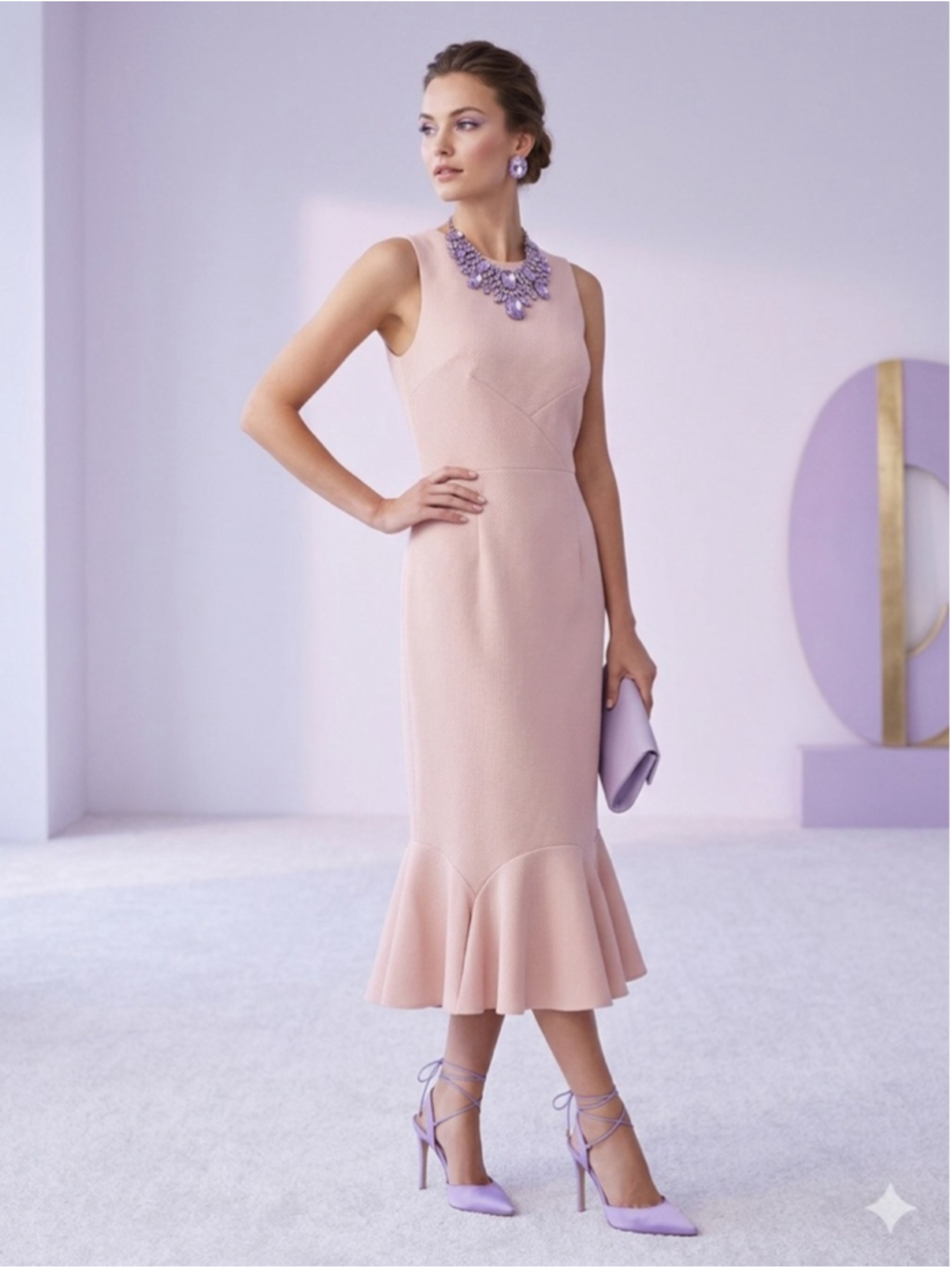 Hutch Blush Pink Woven Tweed Mermaid Midi Dress Ruffle Hem Sleeveless